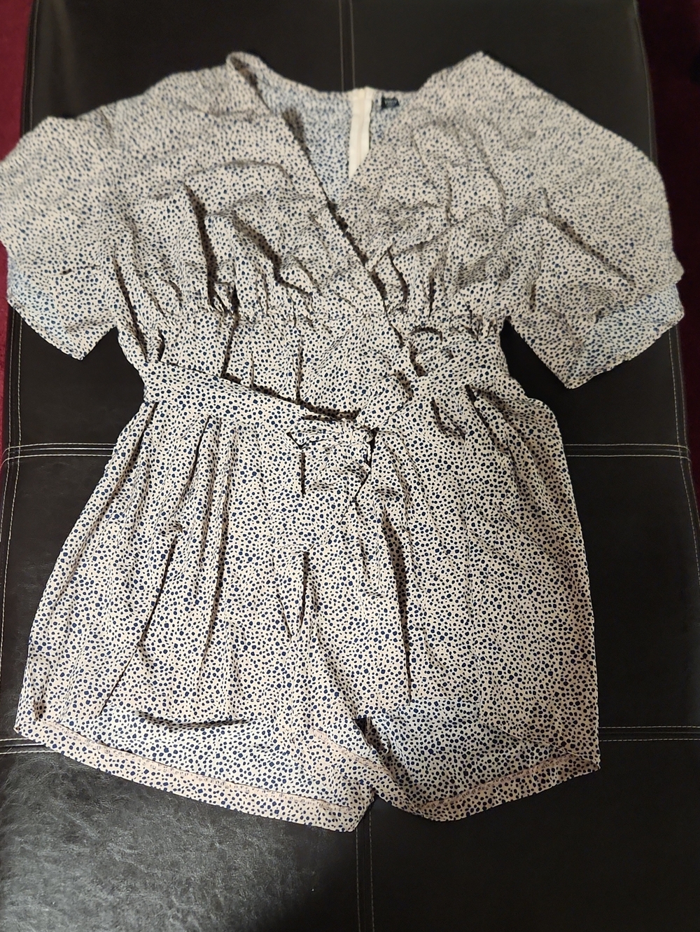 SHEIN Cream Romper with Navy Micro Dot Print